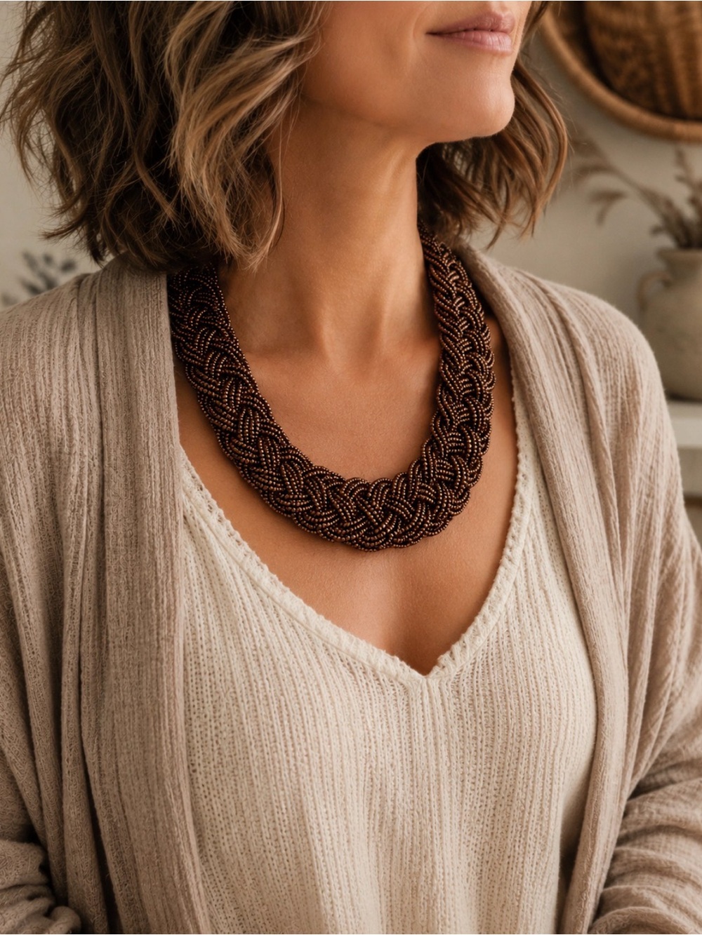 Vintage Bronze Copper Seed Bead Braided Statement Necklace 18”